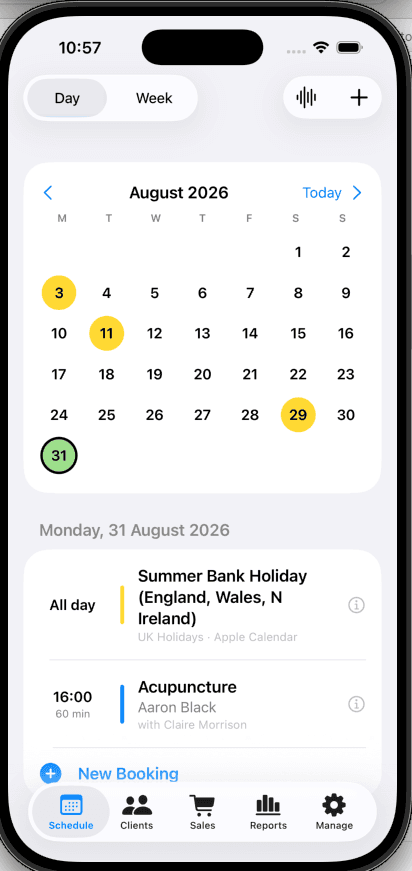 wellNet on iPhone: month calendar, a day’s bookings, and tabs for schedule, clients, sales, reports, and manage.